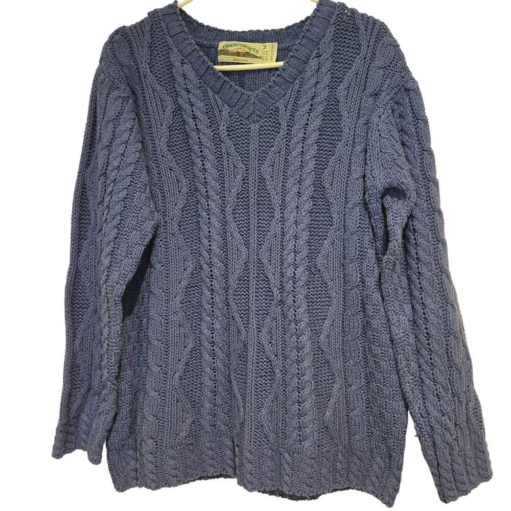 Aran Crafts Ireland Blue Cable Fisherman V-Neck Sweater M Coastal Preppy